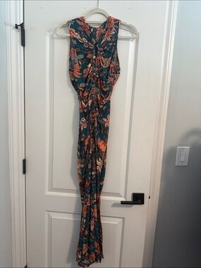 Ulla Johnson Teal Floral Midi Dress with Orange and Cream Accents